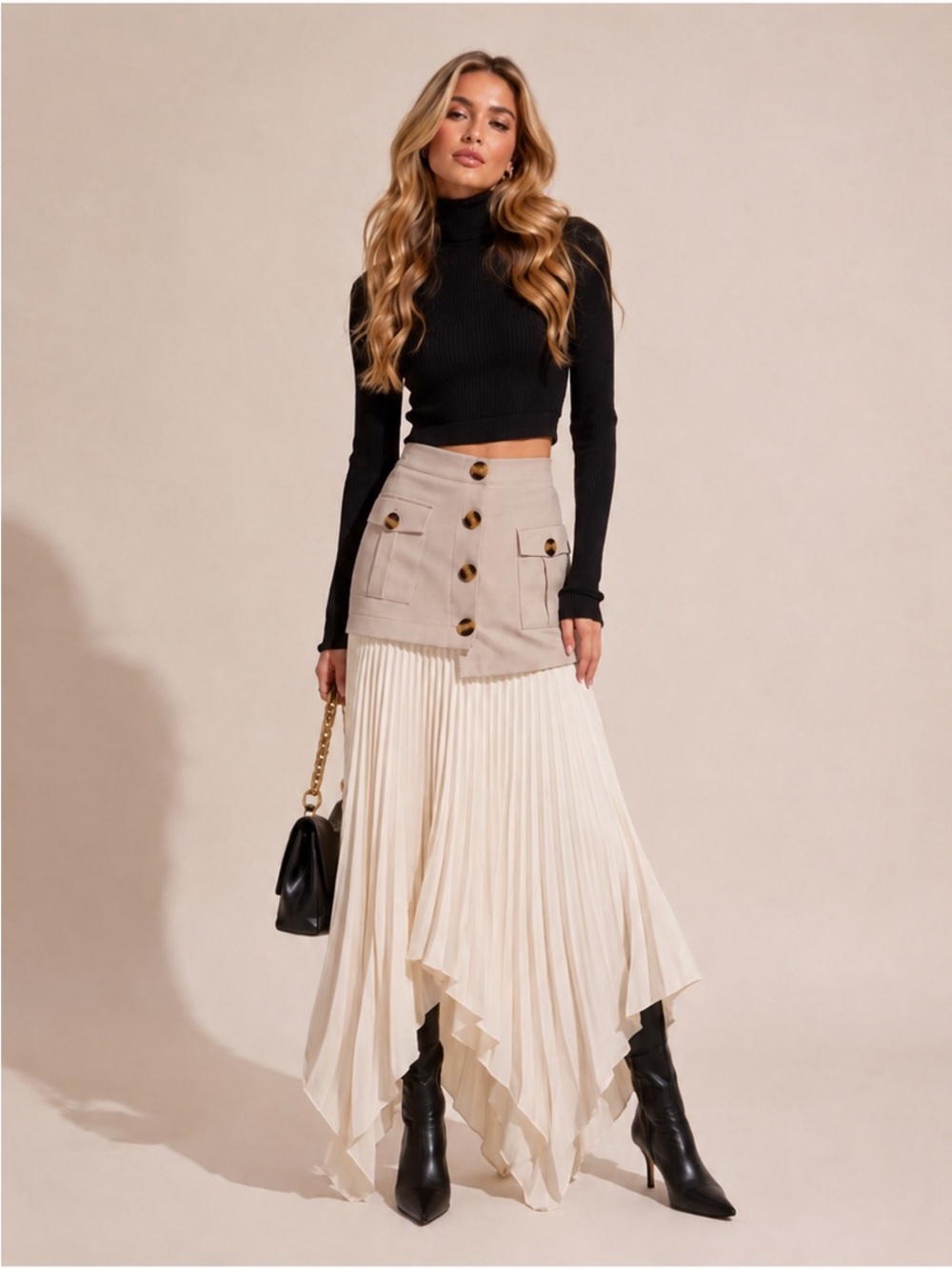 NWT COMMENSE Asymmetrical Pleated Buttoned Maxi Skirt with Neutral Panel L